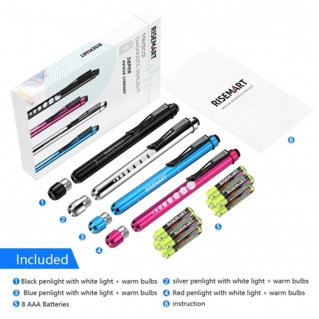 RISEMART Medical Pen Lights with Pupil Gauge for Nurses Doctors Reusable Nursing Teal LED Penlight, Batteries Included (Pack of 